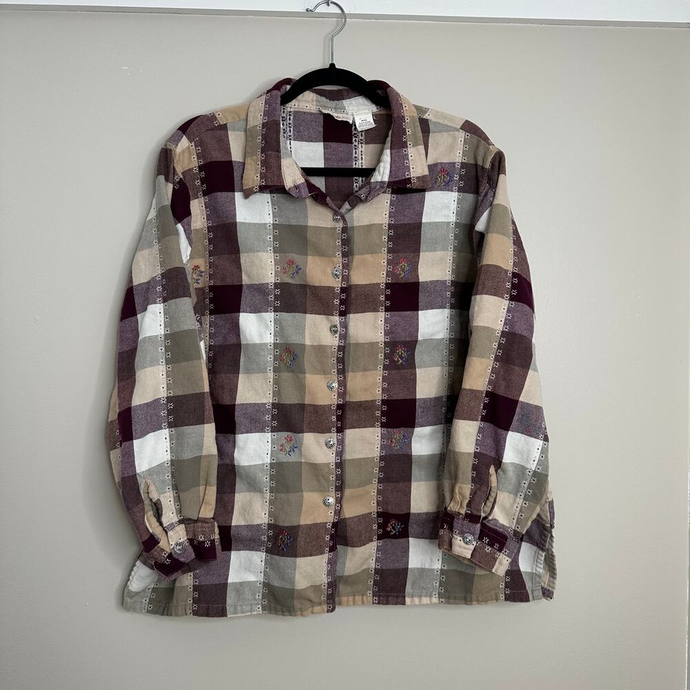 Hunters Run‎ Plaid Shirt Womens Medium Wine Tan EUC Floral Embroidered Cotton